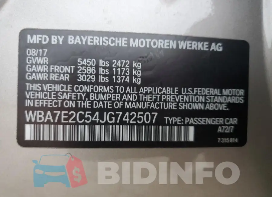 WBA7E2C54JG742507 Photo# 12