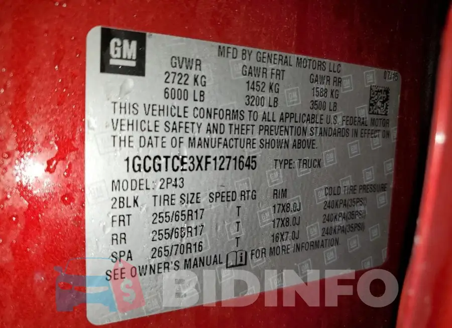 1GCGTCE3XF1271645 Photo# 13