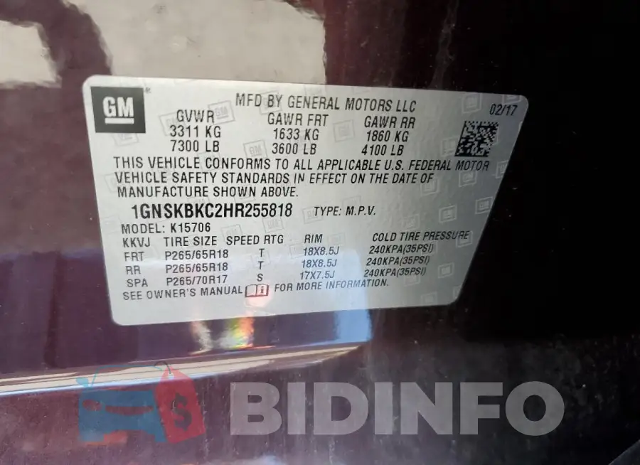 1GNSKBKC2HR255818 Photo# 13