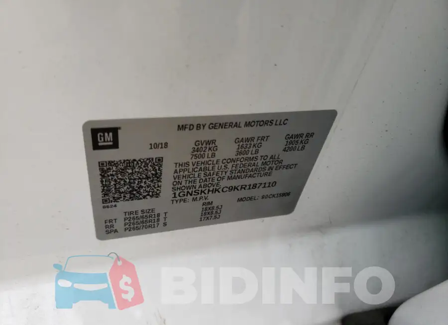 1GNSKHKC9KR187110 Photo# 13