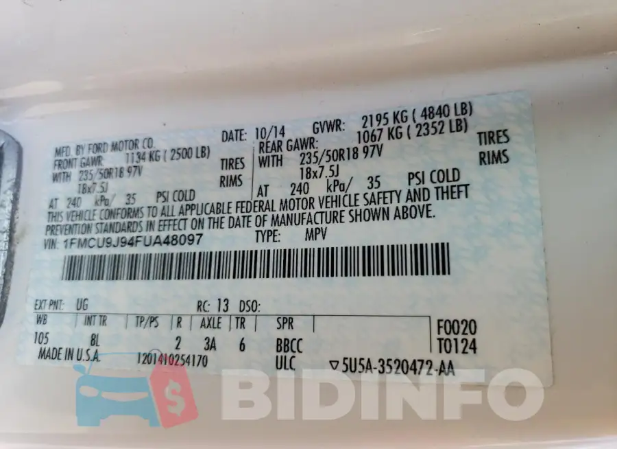 1FMCU9J94FUA48097 Photo# 14