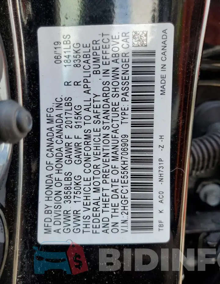 2HGFC1E55KH706909 Photo# 12