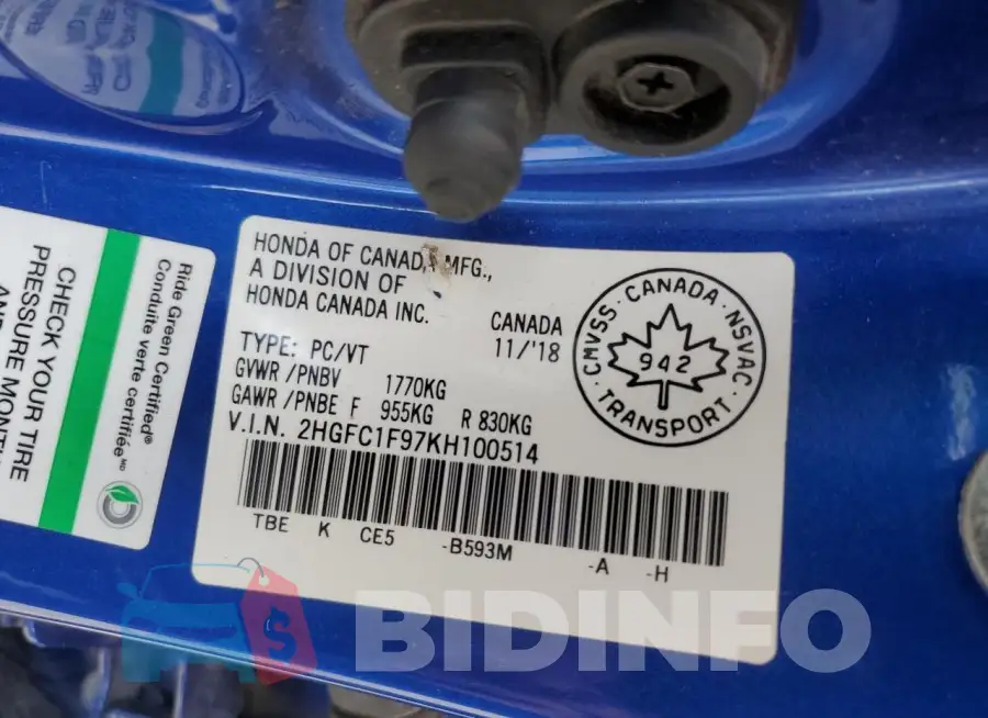2HGFC1F97KH100514 Photo# 12