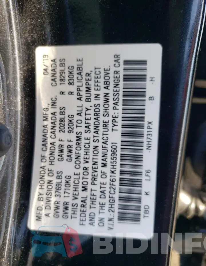 2HGFC2F61KH559601 Photo# 13