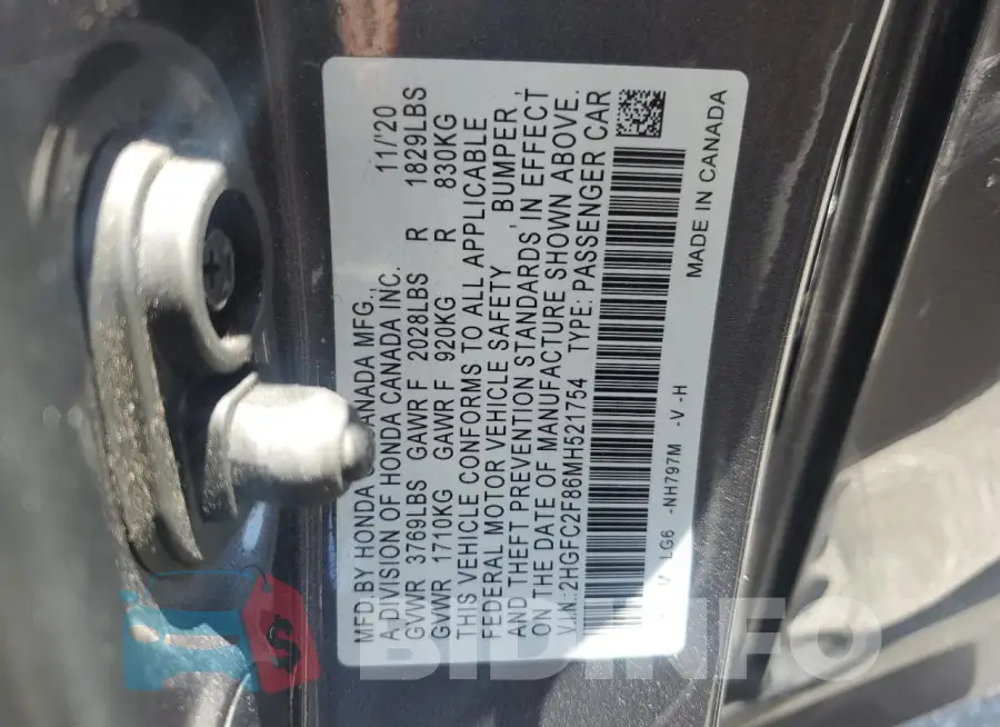 2HGFC2F86MH521754 Photo# 12