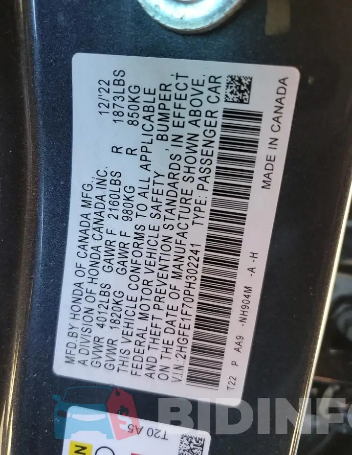 2HGFE1F70PH302241 Photo# 12