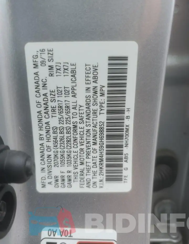 2HKRM4H59GH698852 Photo# 13