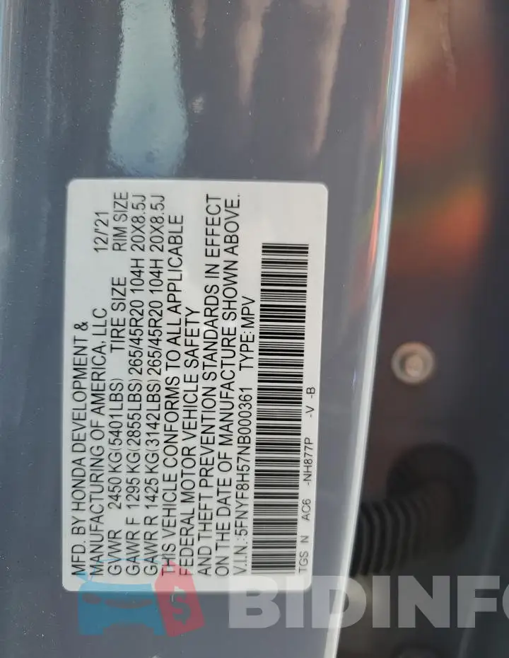 5FNYF8H57NB000361 Photo# 13