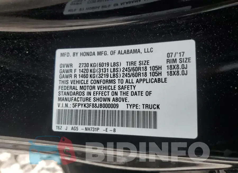 5FPYK3F88JB000009 Photo# 12