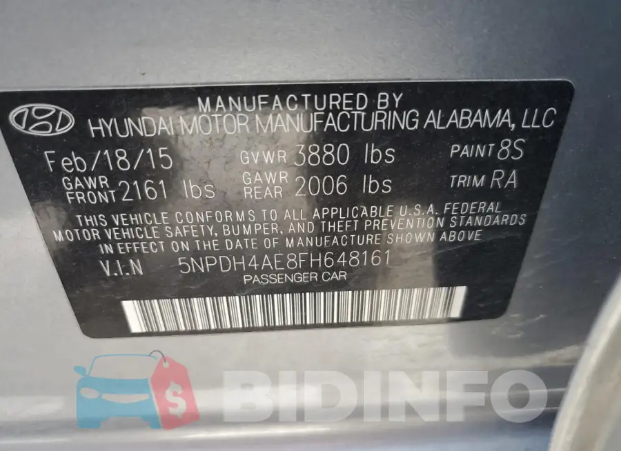 5NPDH4AE8FH648161 Photo# 12