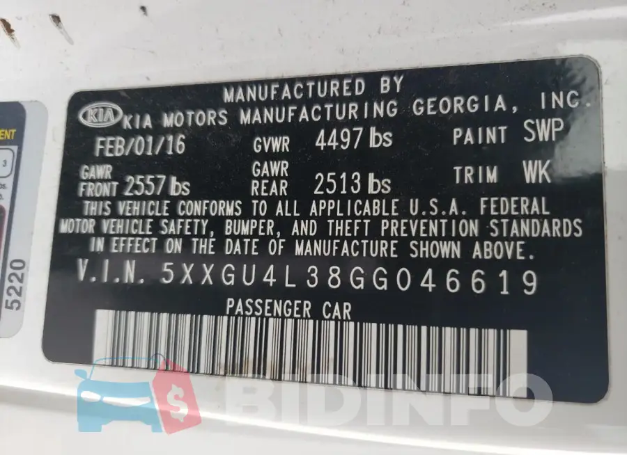 5XXGU4L38GG046619 Photo# 12