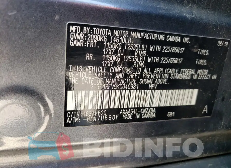 2T3F1RFV9KC040981 Photo# 13