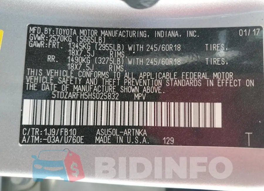 5TDZARFH5HS025832 Photo# 13