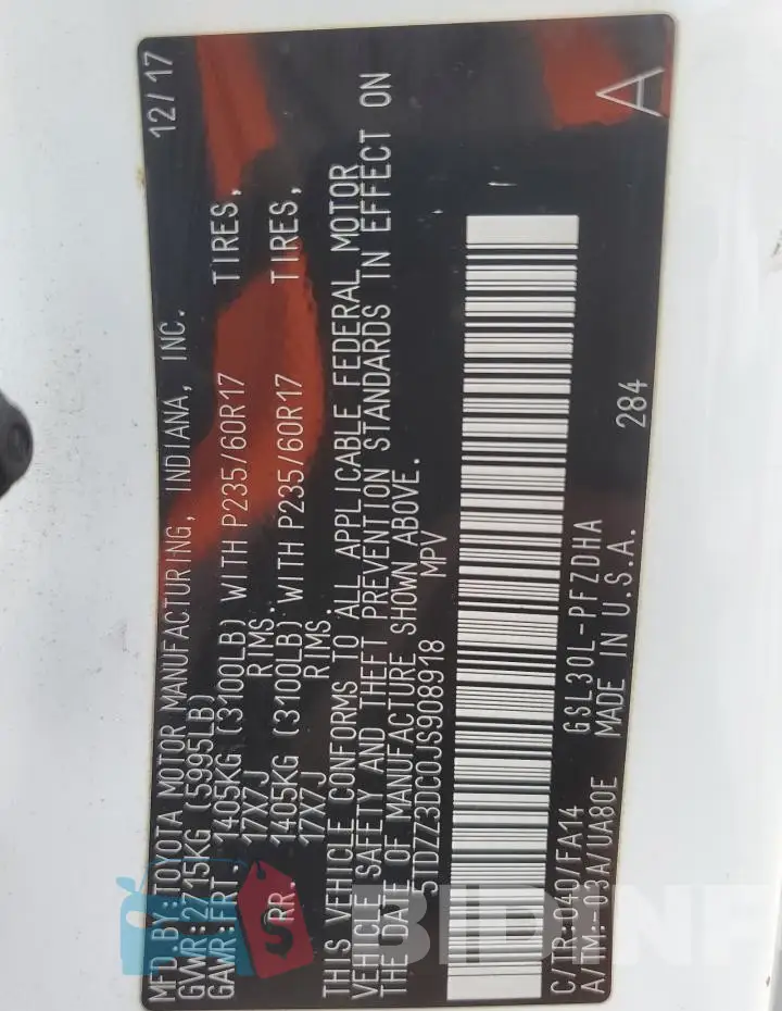 5TDZZ3DC0JS908918 Photo# 14