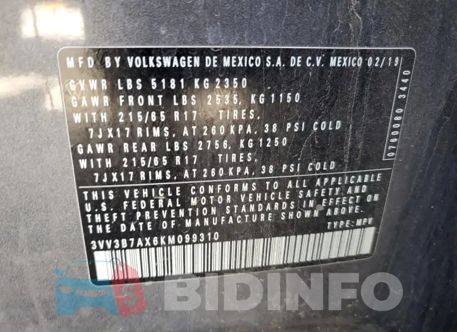 3VV3B7AX6KM099310 Photo# 13