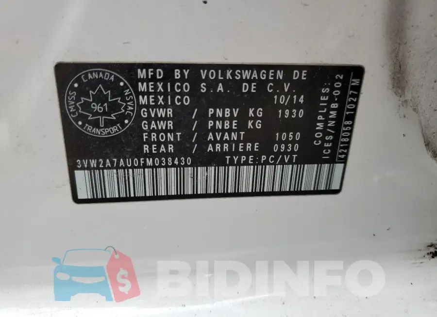 3VW2A7AU0FM038430 Photo# 12