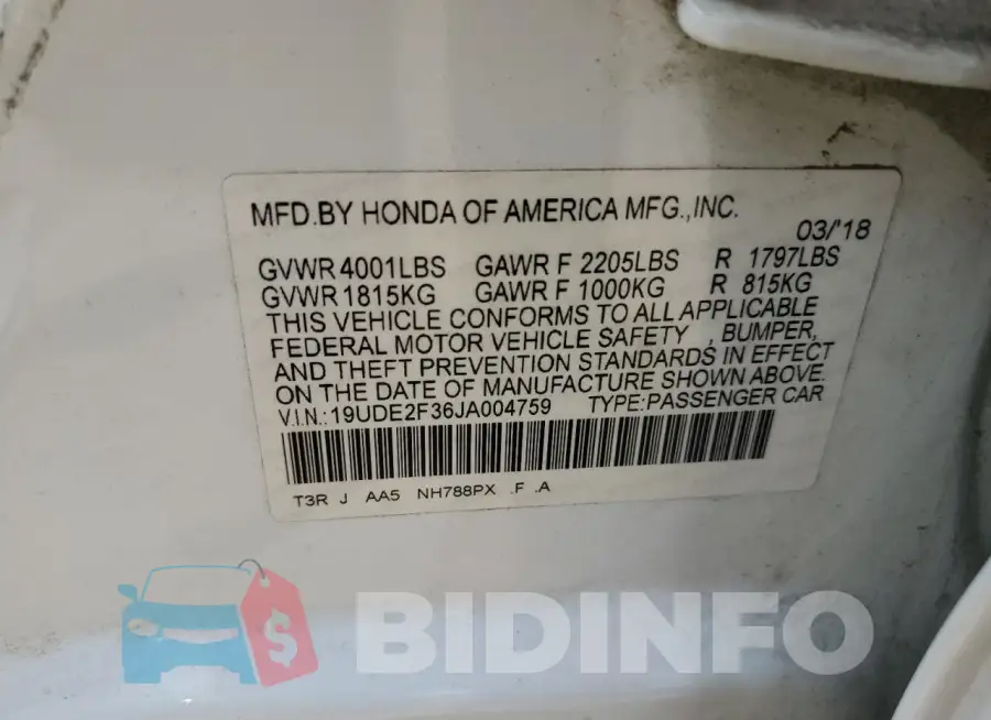 19UDE2F36JA004759 Photo# 12