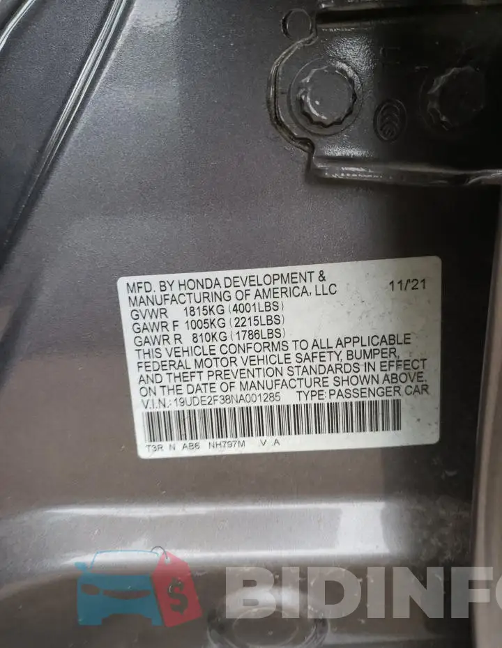 19UDE2F38NA001285 Photo# 12