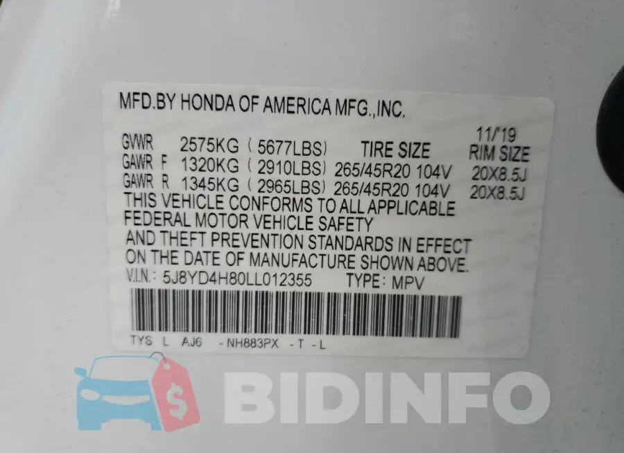 5J8YD4H80LL012355 Photo# 13