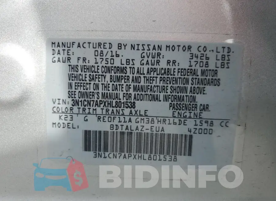 3N1CN7APXHL801538 Photo# 13