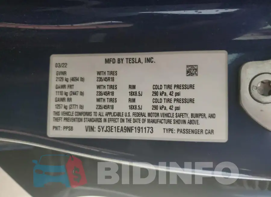 5YJ3E1EA9NF191173 Photo# 13