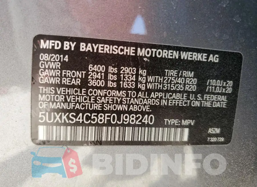 5UXKS4C58F0J98240 Photo# 13