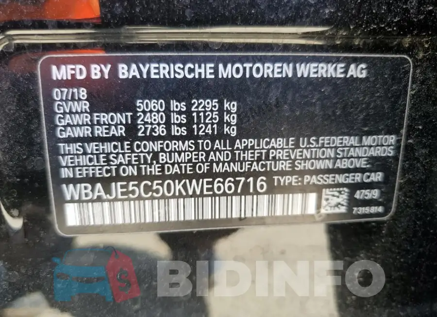 WBAJE5C50KWE66716 Photo# 12