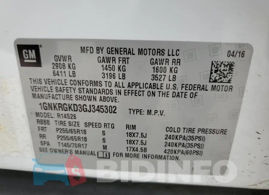 1GNKRGKD3GJ345302 Photo# 14