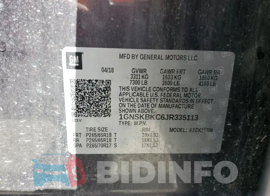 1GNSKBKC6JR335113 Photo# 14