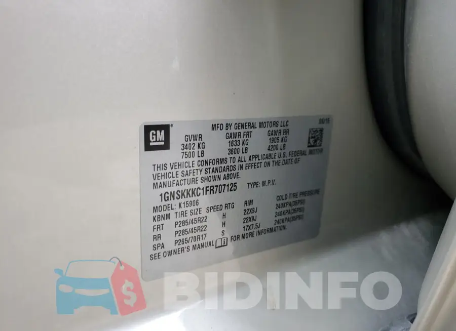 1GNSKKKC1FR707125 Photo# 14