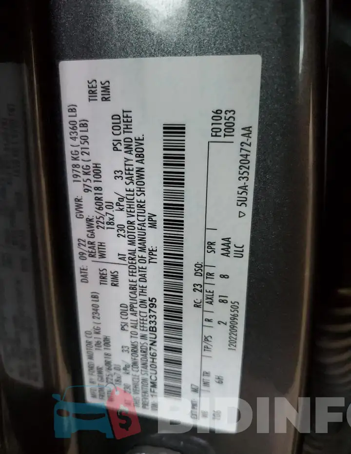 1FMCU0H67NUB33795 Photo# 13