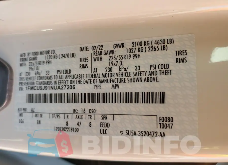 1FMCU9J91NUA27206 Photo# 13