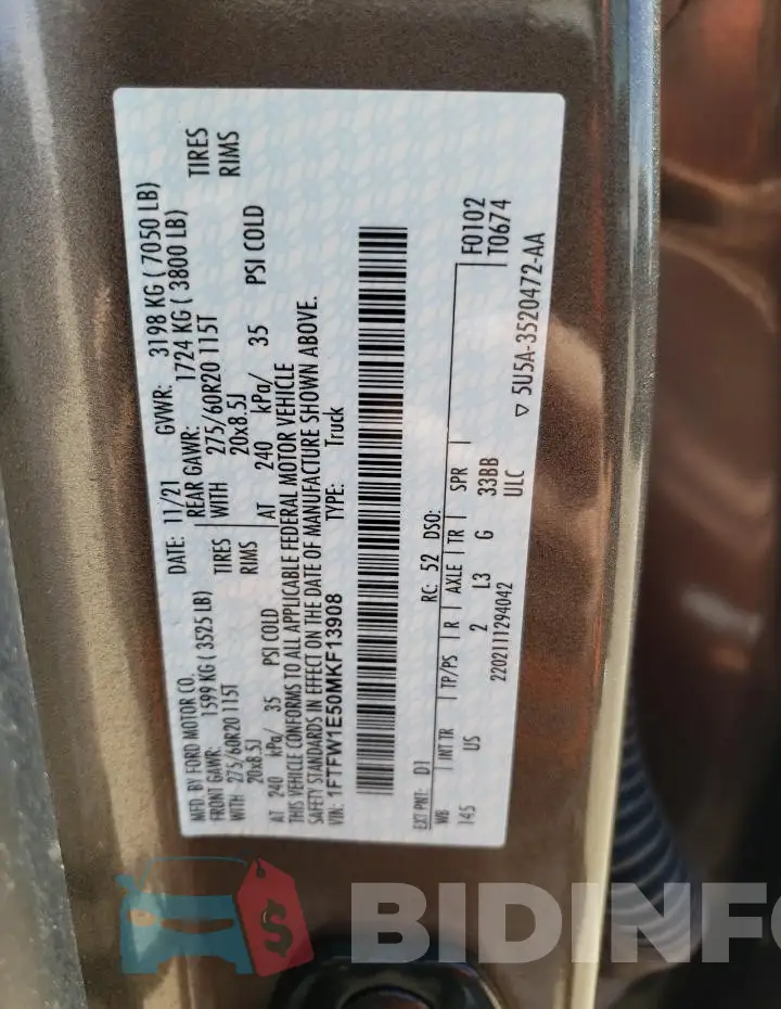 1FTFW1E50MKF13908 Photo# 13