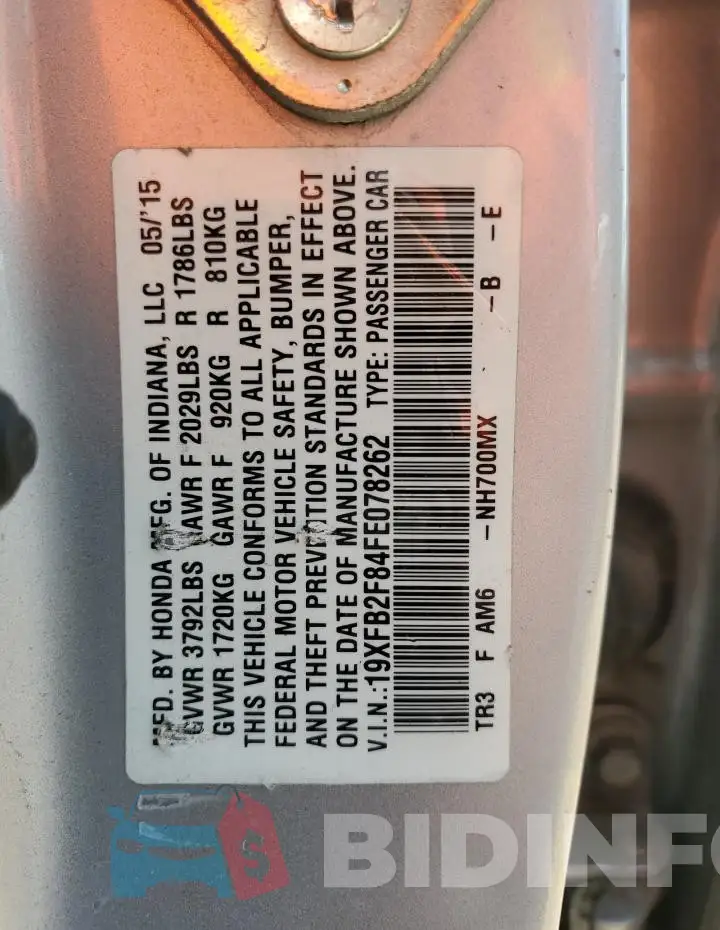 19XFB2F84FE078262 Photo# 12