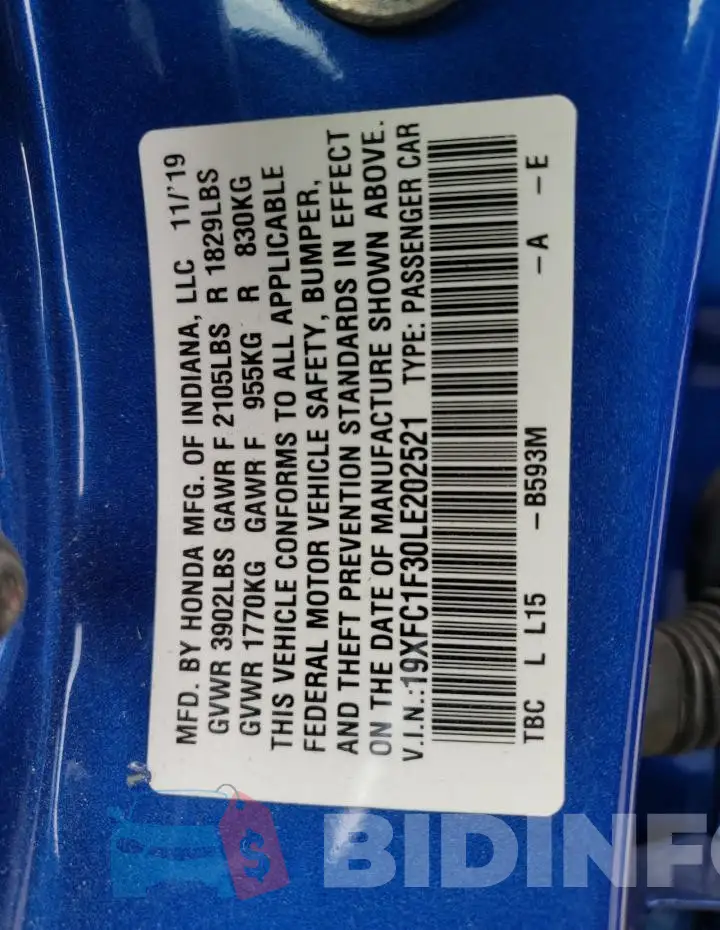 19XFC1F30LE202521 Photo# 13