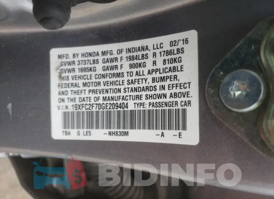 19XFC2F70GE209404 Photo# 12