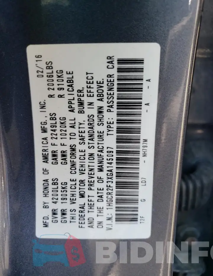 1HGCR2F3XGA145097 Photo# 13