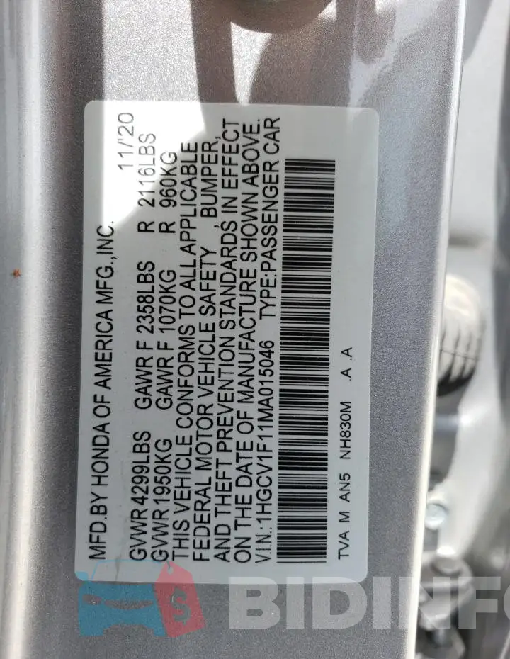 1HGCV1F11MA015046 Photo# 12