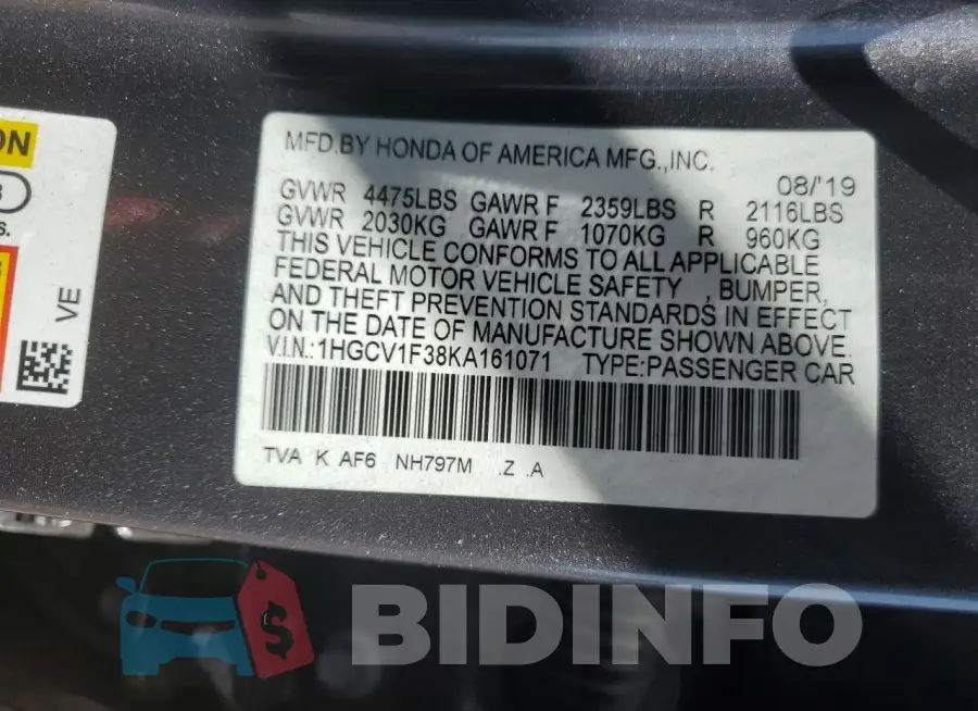 1HGCV1F38KA161071 Photo# 12