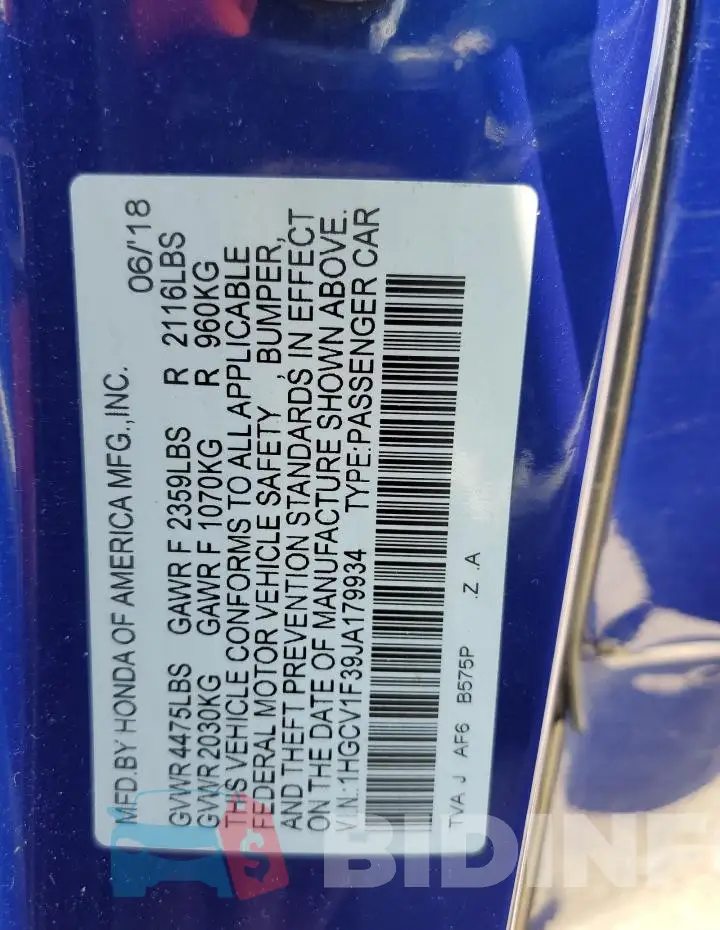 1HGCV1F39JA179934 Photo# 12
