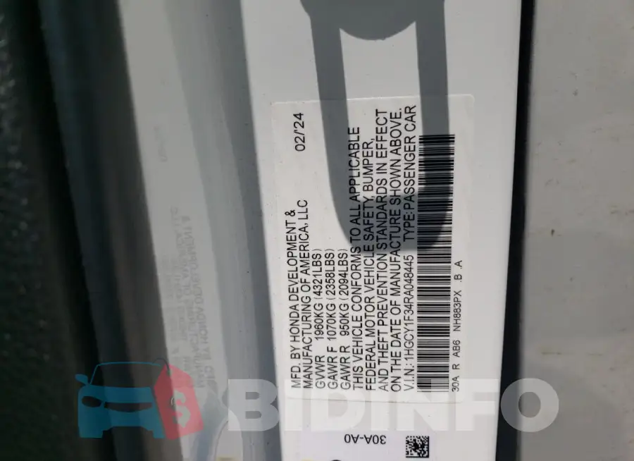 1HGCY1F34RA048445 Photo# 12