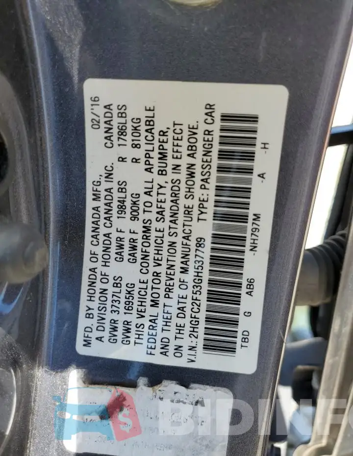 2HGFC2F53GH537789 Photo# 13