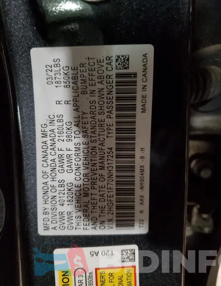 2HGFE1F70NH317254 Photo# 13