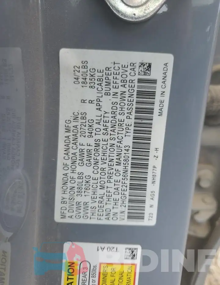 2HGFE2F56NH580143 Photo# 12