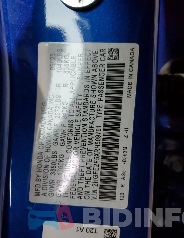 2HGFE2F5XRH509761 Photo# 12