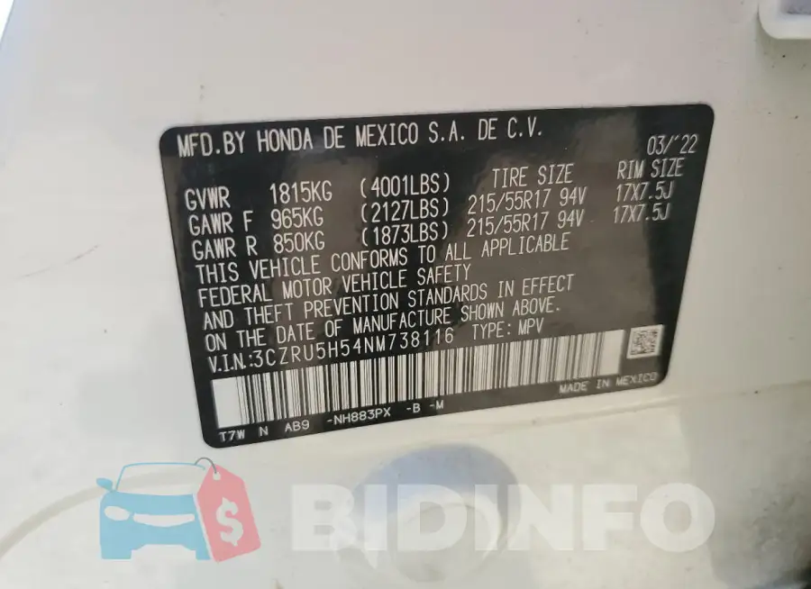 3CZRU5H54NM738116 Photo# 13