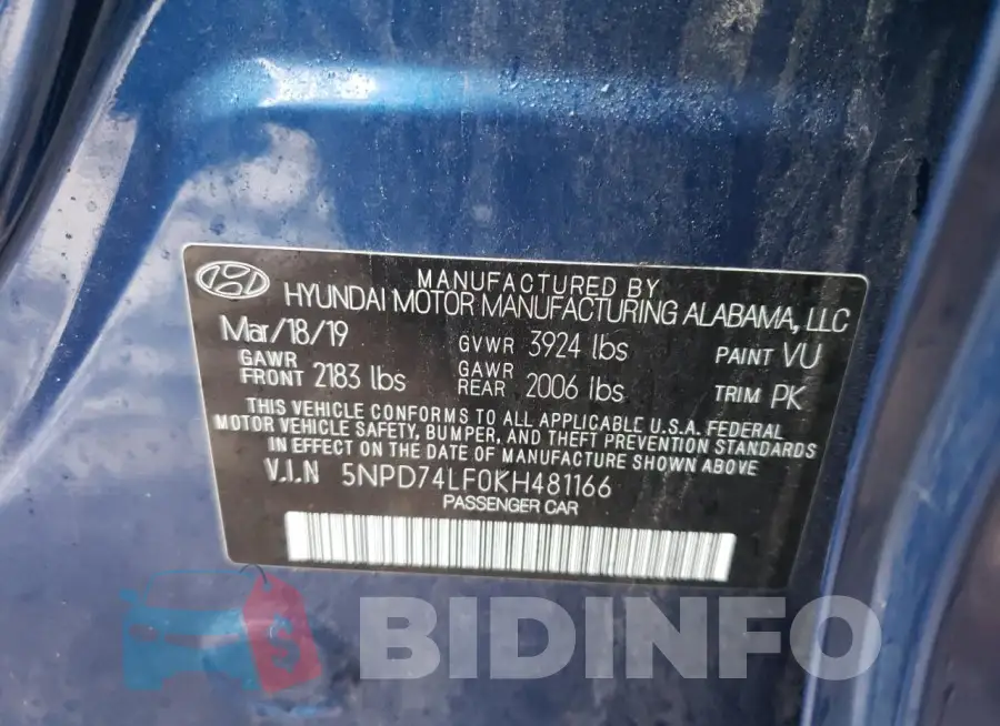 5NPD74LF0KH481166 Photo# 12