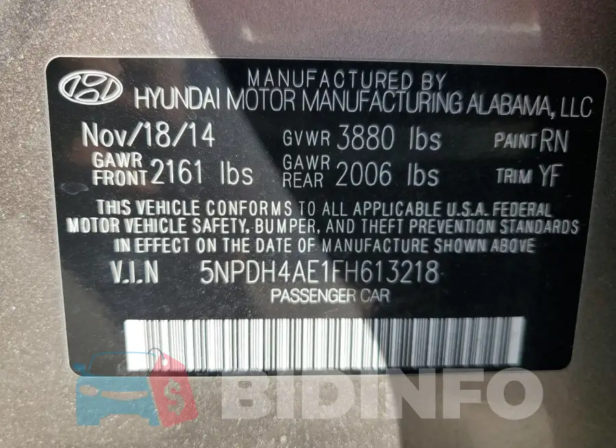 5NPDH4AE1FH613218 Photo# 12