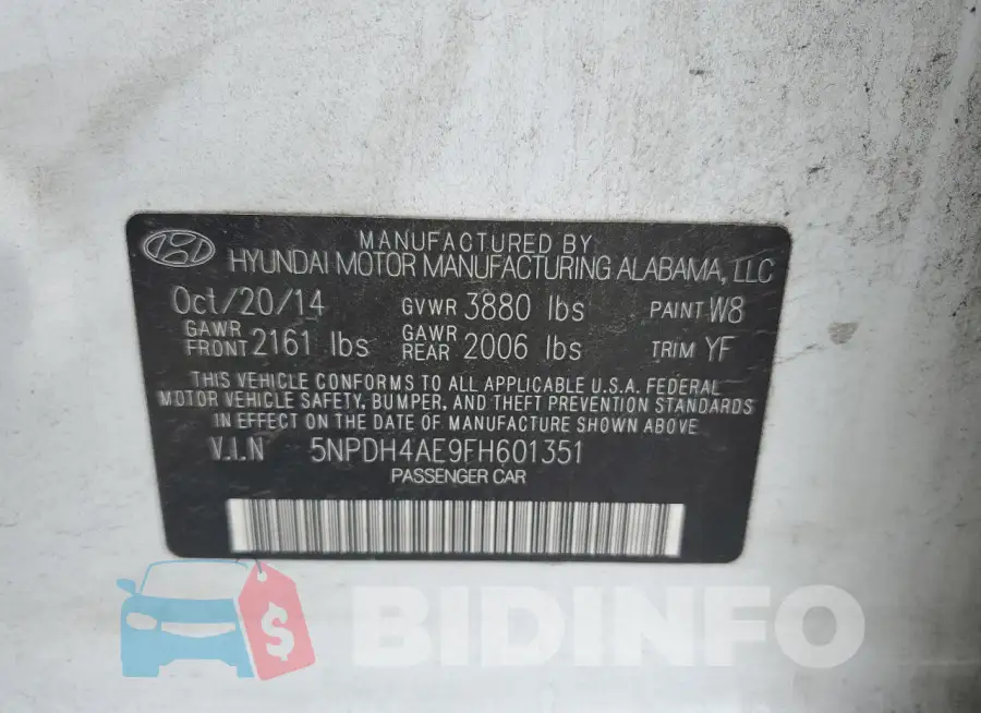 5NPDH4AE9FH601351 Photo# 12