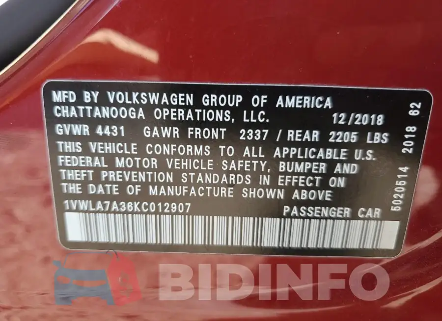 1VWLA7A36KC012907 Photo# 13